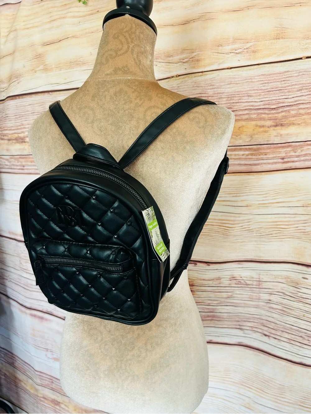 Badgley Mischka Black Vegan Leather Logo Studded Quilted Mini Backpack NWT